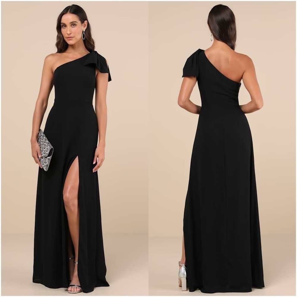 LULU’S Simply Brilliant Black One-Shoulder Bow Maxi Dress